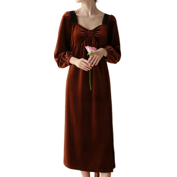 Defitshape Women's Long Sleeve Nightgown Velvet Sleep Dress Vintage V Neck Mid-length Nightdress Pleated Caramel X-Large