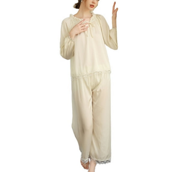 Defitshape Women's Long Sleeve Pajamas Satin Lounge Set Soft Frill V Neck Cozy Pj Set Beige 8-10