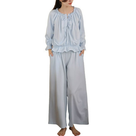 Defitshape Women's Long Sleeve Pajamas Set Victorian Vintage Ruffled Pj Set 2 Piece Sleepwear Pleated Light Blue Large