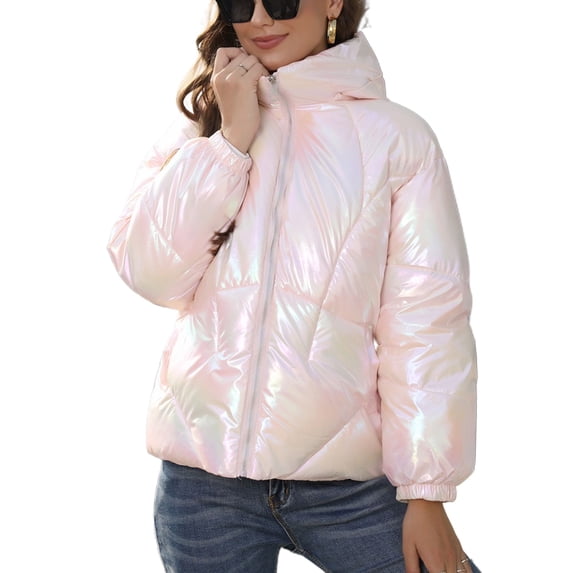 Defitshape Women's Long Sleeve Quilted Jacket Thermal Top Metallic Full Zip Spring High Neck Hooded Outerwear Pink 14