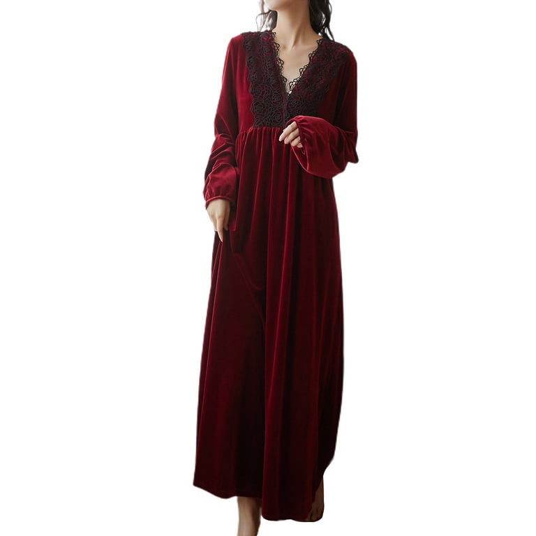 Homgro Women's Long Sleeve Velvet Nightgown Sleep Dress V Neck Mid-length  Pleated Nightwear Burgundy Large - Walmart.com