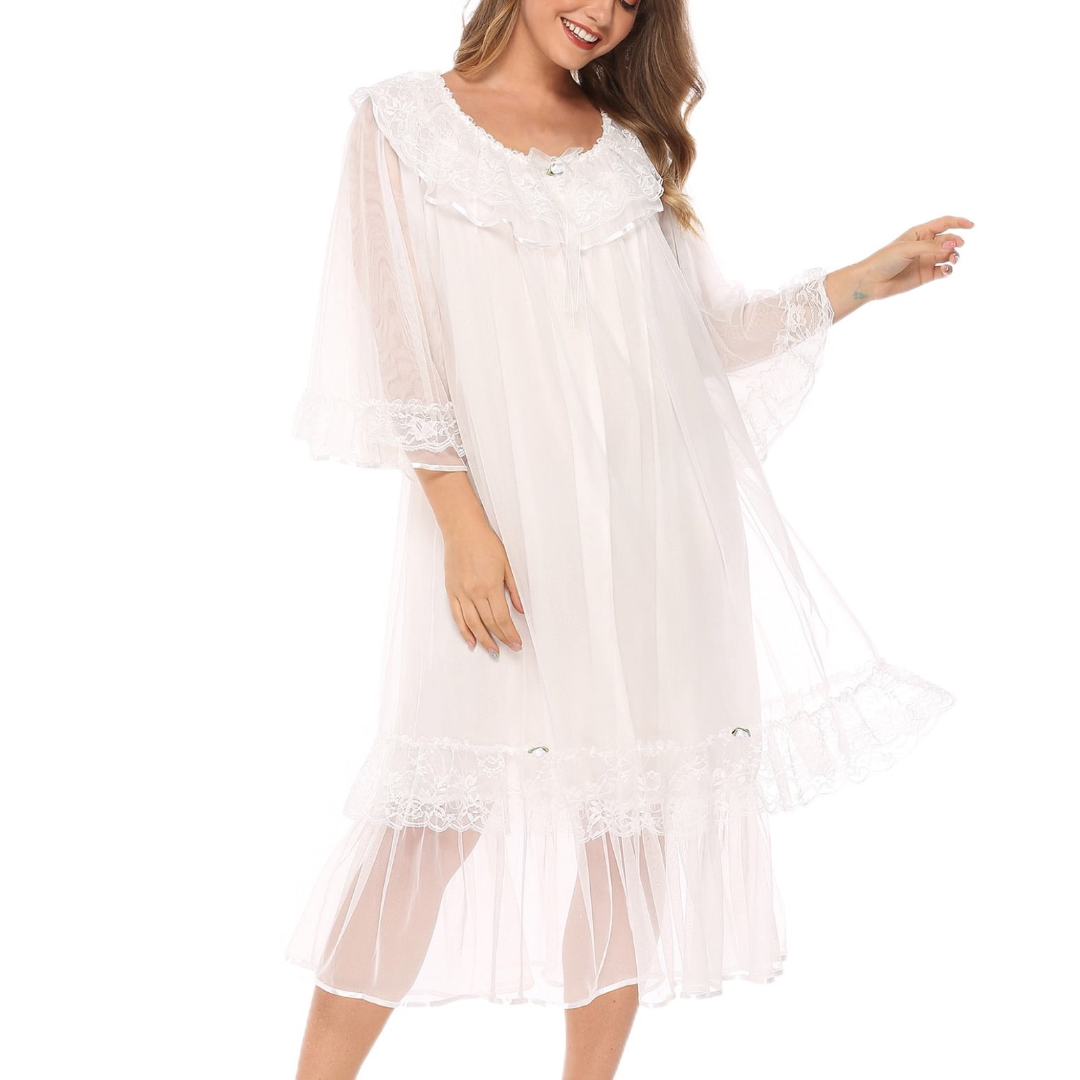 Defitshape Women's Long Sleeve Victorian Nightgown Soft Vintage Sleep ...