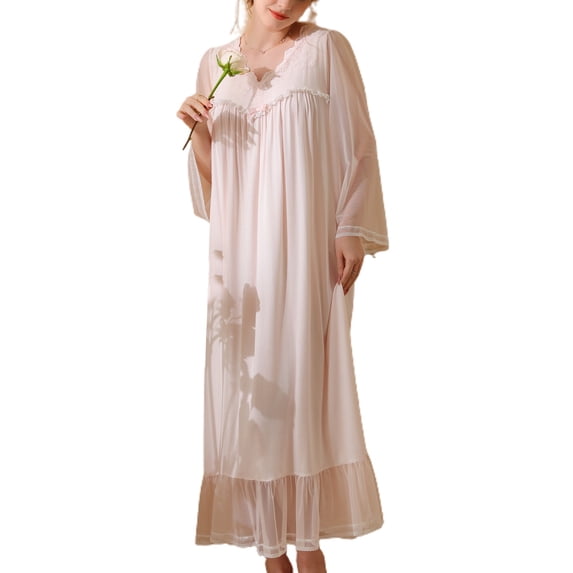 Defitshape Women's Long Sleeve Victorian Vintage Nightgown Cotton Comfy V Neck Summer Lace Ruffle See Through Pink Small