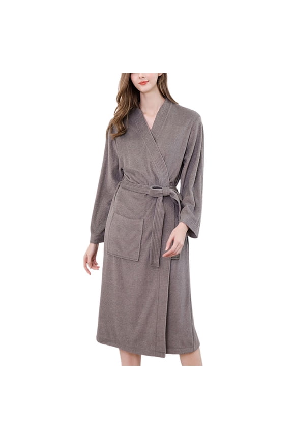 Homgro Women's Long Terry Cloth Robe Lightweight Long Sleeve Midi Kimono Maternity Robes Bath SPA Hot Tub Hotel Soft Fall Spring Pocket Knee Length Bathrobe Grey Medium