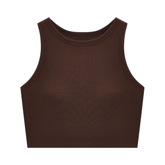 Defitshape Women's Padded Tank Top Crop Topd Fitted Ribbed Summer Sleeveless Spandex Cotton Workout Yoga Shirt Brown Large