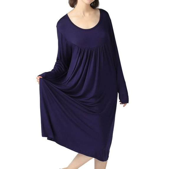 Defitshape Women's Plus Size Nightgown Soft Sleep Dress Summer Short Sleeve Lounging Comfy Pleated Knee Length Nightdress Navy Large