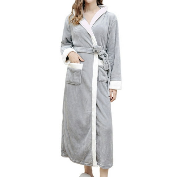 Homgro Women's Plush Hooded Robe Winter Color Block Full Length Belted Soft Warm Fluffy Housecoat Bath Shower SPA Hotel Hot Tub Fuzzy Fleece Long Bathrobe Pockets Grey Small-Medium