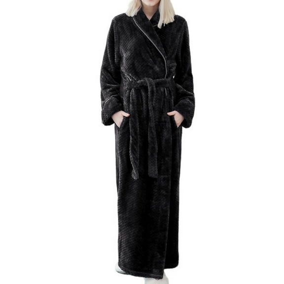 Homgro Women's Plush Long Robe Soft Cozy Long Sleeve Full Length Fuzzy Fleece Bathrobe Spa Hot Tub Hotel Bath Belted Winter Fluffy Maternity Warm Kimono Pocket Black Small-Medium