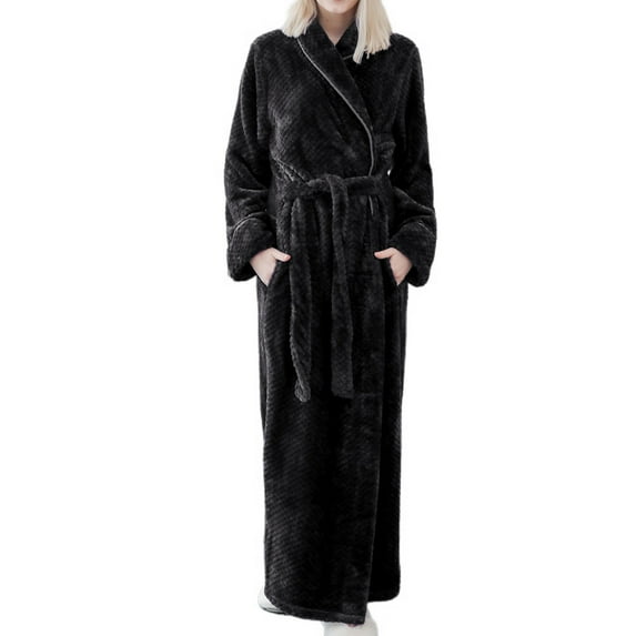Homgro Women's Plush Long Robe Soft Cozy Long Sleeve Full Length Fuzzy Fleece Bathrobe Spa Hot Tub Hotel Bath Belted Winter Fluffy Maternity Warm Kimono Pocket Black Small-Medium