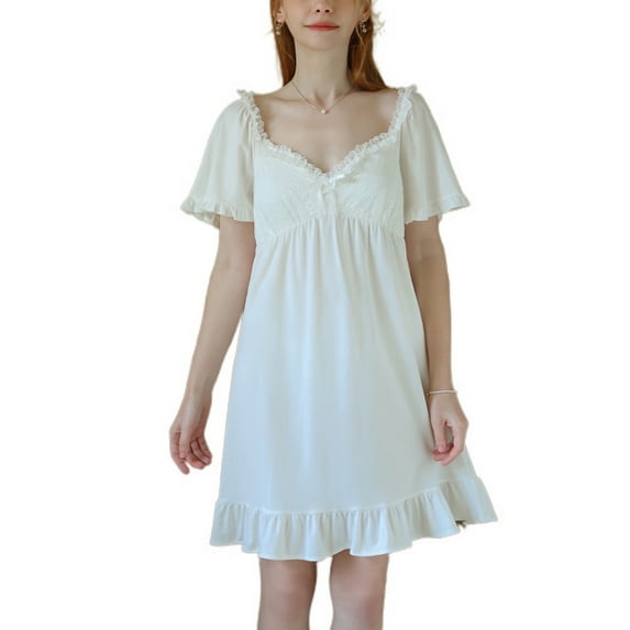 Defitshape Women's Princess Vintage Nightgown Short Sleeve Soft Lounge Sleep Dress Sexy Lace Summer Spring Sleepwear White X-Large