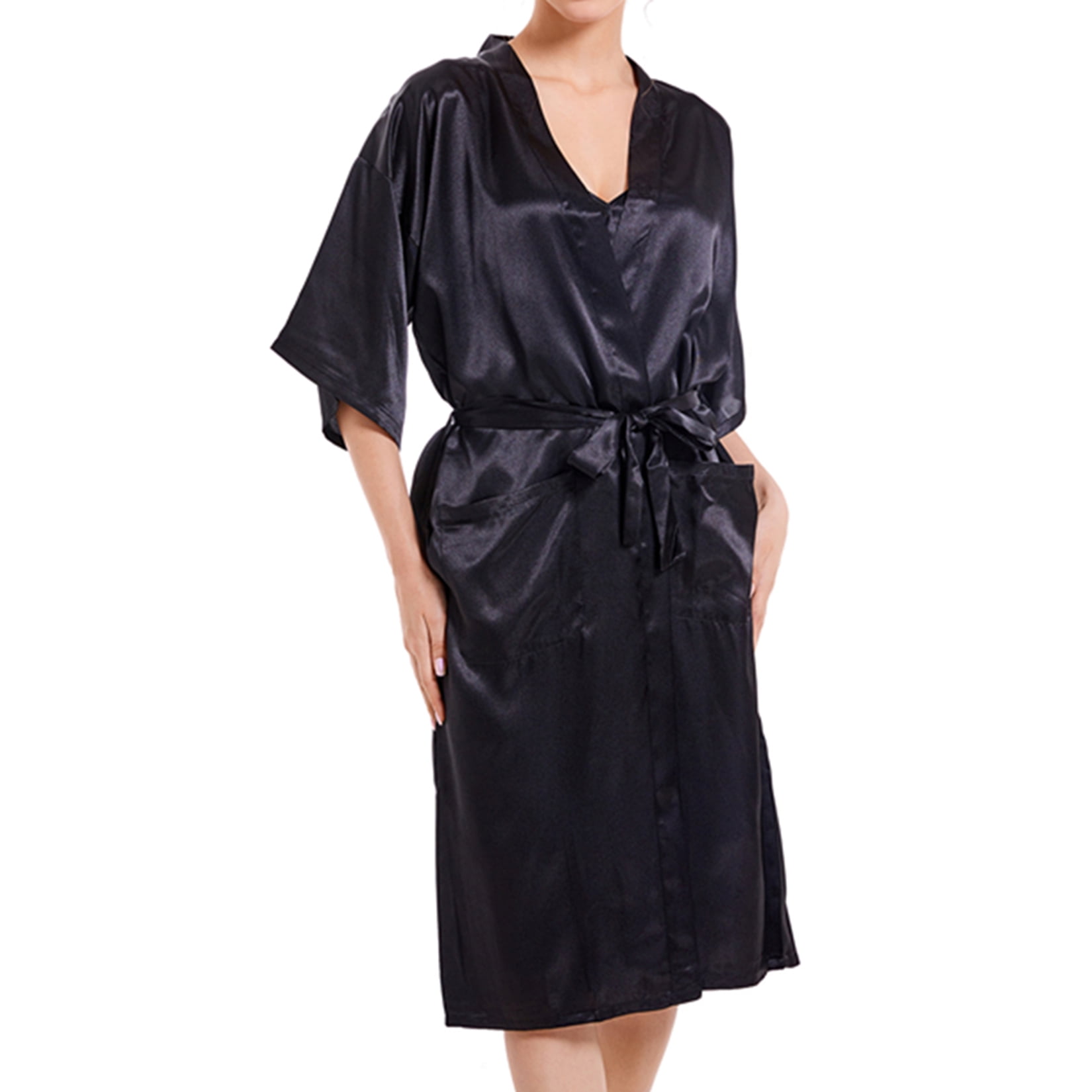 Defitshape Women's Satin Kimono Robe Short Sleeve V Neck Bath Robe with ...