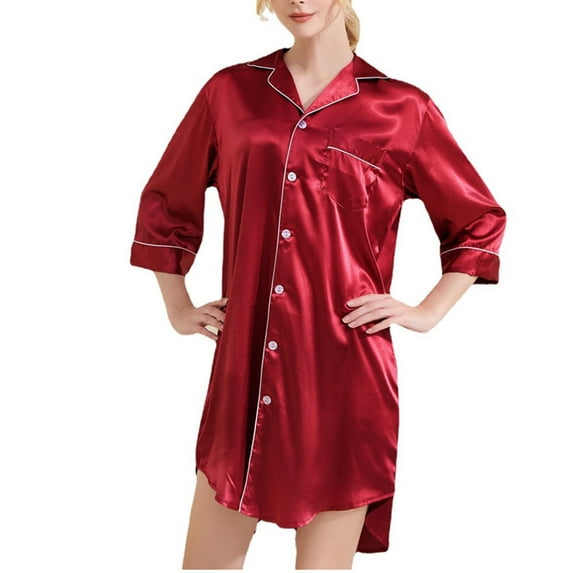 Defitshape Women's Satin Nightgown Soft Button Down Pajamas Dress Summer Lightweight Holiday Button 3/4 Sleeve Loose Sleepwear Amaranth Medium