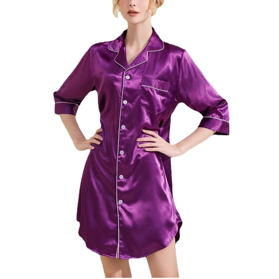 Defitshape Women's Satin Nightgown Soft Button Down Pajamas Dress Summer Lightweight Holiday Button 3/4 Sleeve Loose Sleepwear Purple X-Large