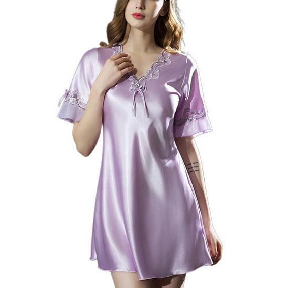 Homgro Women's Satin Nightgown Soft Sexy Short Pajama Dress Short Sleeve Silk Sleep Shirt V Neck Lace Nightshirt Fall Vintage Slim Fit Lightweight Sleepwear Purple Lavender 6