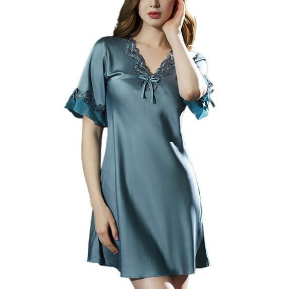Homgro Women's Satin Nightgown Soft Sexy Short Pajama Dress Short Sleeve Silk Sleep Shirt V Neck Lace Nightshirt Fall Vintage Slim Fit Lightweight Sleepwear Green Teal Blue 6