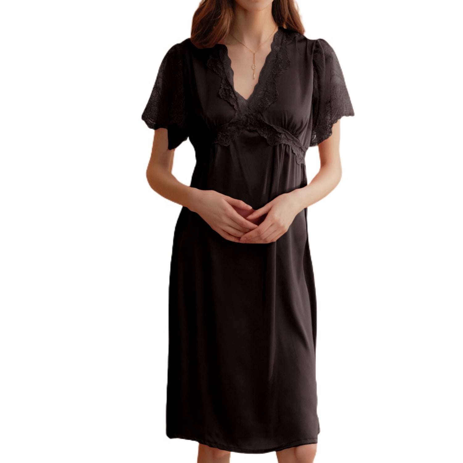 Defitshape Women's Satin Nightgown Ladies Soft Lace Summer Deep V Neck Nighties Short Sleeve Midi Pajama Dress Sexy High Slit Frilly Button Knee Leng