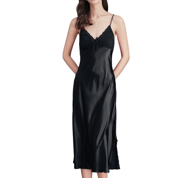 Homgro Women's Sexy Nightgown Side Splits Chemise Lingerie Satin Lace V Neck Full Slip Sleep Dress Lounge Slits Cami Sleeveless Silk Maxi Nightwear Spaghetti Strap Black X-Large