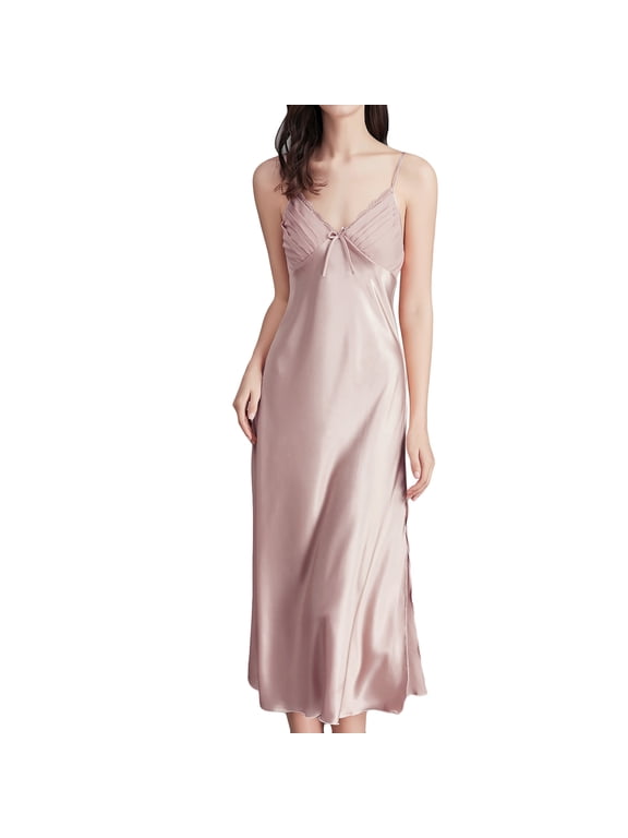 Homgro Women's Sexy Nightgown Side Splits Chemise Lingerie Satin Lace V Neck Full Slip Sleep Dress Lounge Slits Cami Sleeveless Silk Maxi Nightwear Spaghetti Strap Purple X-Large