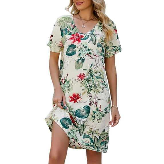 Defitshape Women's Short Sleeve Dress V Neck Floral Printed Dresses Summer Date NightElegant Thin Holiday Sundress Green X-Large