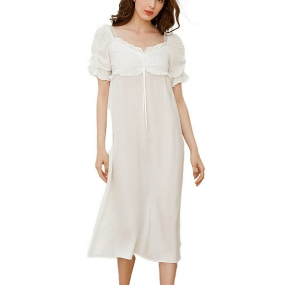 Defitshape Women's Short Sleeve Nightgown Soft Vintage Victorian Sleep Dress Pleated Long See Through Loungewear White Large