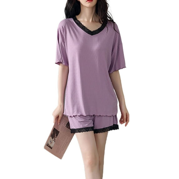 Defitshape Women's Shorts Pajama Set Short Sleeve Pjs 2 Piece Soft Lightweight Summer Lace Cool Pj Set Purple Large