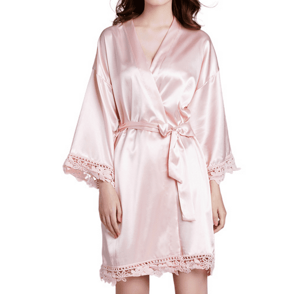Defitshape Women's Silk Kimono Robe Summer Solid Satin Long Sleeve Bathrobe Soft Floral Lace Bride Wedding Bridal Party Robe Fancy Dressing Gown Luxury Midi Sleepwear Pink One Size