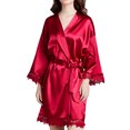 thumbnail image 1 of Defitshape Women's Satin Robe Kimono Bathrobe Loungewear Soft Lace Light Summer Pure Robes Silk Burgundy One Size, 1 of 5