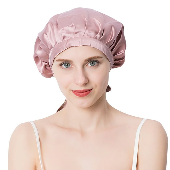 Defitshape Women's Silk Nightcap Summer Light Hair Bonnet Female Silky Sleeping Comfy Self Tie Sleep Cap Dark Pink One Size