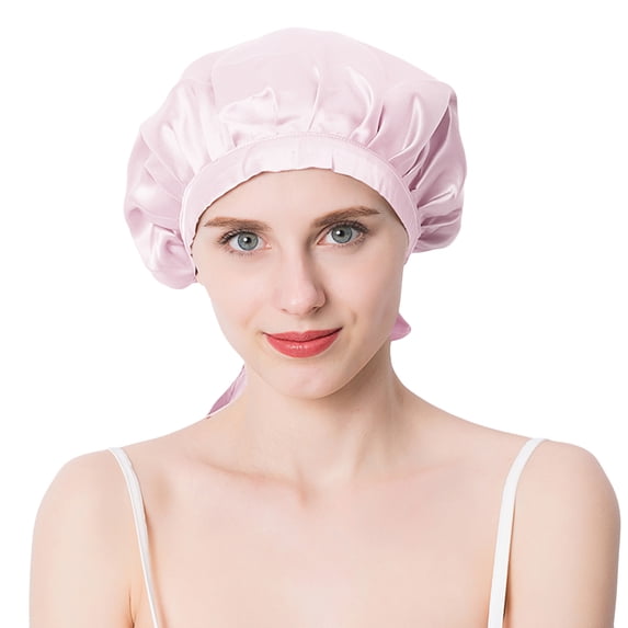 Defitshape Women's Silk Nightcap Summer Light Hair Bonnet Female Silky Sleeping Comfy Self Tie Sleep Cap Pink One Size