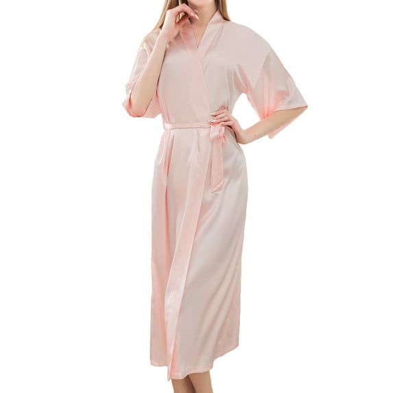Homgro Women's Silk Robe Lightweight Half Short Sleeve Knee Length Satin Kimono Robe Summer Bathrobe Sleepwear Pink Blush Small
