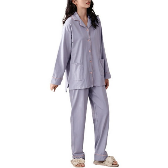 Defitshape Women's Soft Cotton Pajamas Set Button Down Pjs Long Sleeve Long V Neck Pant Lounge Set Purple 4-6