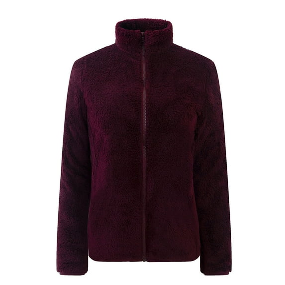 Homgro Women's Soft Fuzzy Fleece Jacket Outerwear High Neck Tops Long Sleeve Coat Full Zip Zip Mock Neck Casual Burgundy X-Small