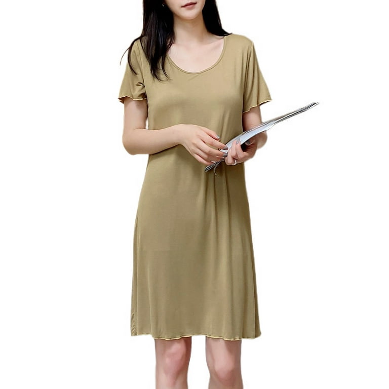Homgro Women's Soft Nightgown Frilly Sleep Dress Summer Short Sleeve Comfy  Midi Sleepwear with Built in Shelf Bra Yellow X-Small