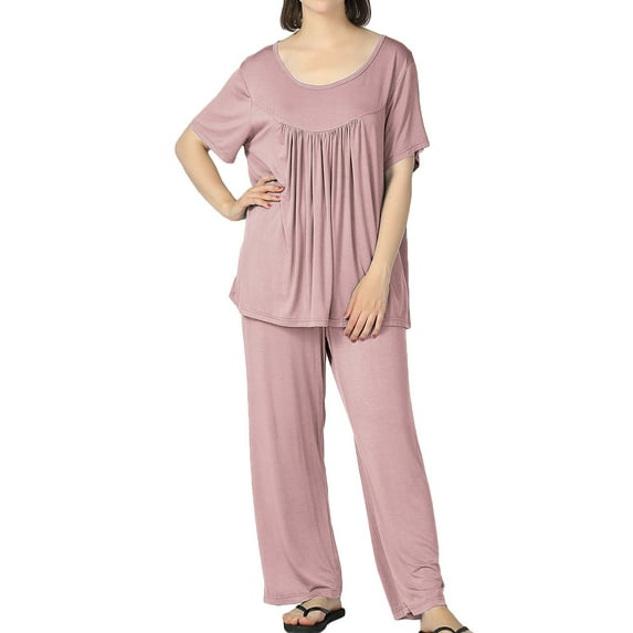 Homgro Women's Soft Plus Size Pajama Set Cotton Short Sleeve Pant Pj Set Fall Lightweight Summer Spring Lounge Set Pruple 5X-Large