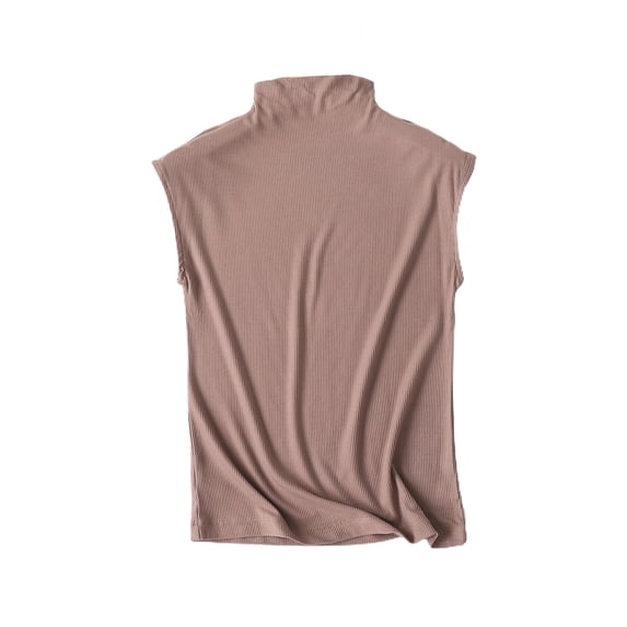 Defitshape Women's Soft Top Crop Tank Top Knit Work Casual Summer Sleeveless Mock Neck Fall Slimming Basic Blouse Coffee Medium