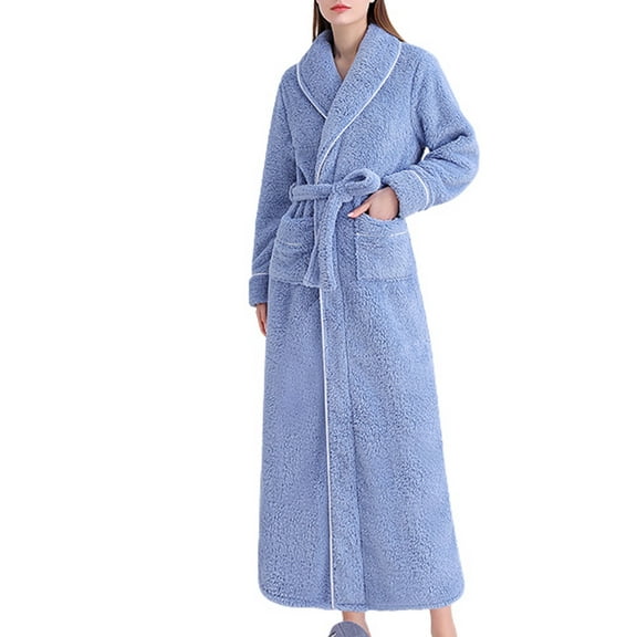 Homgro Women's Terry Cloth Robe Winter Cozy Long Sleeve V Neck Shawl Collar Plush Long Bathrobe House Full Length Warm Kimono Shower SPA Hotel Hot Tub Maxi Bath Robe with Pocket Blue X-Large