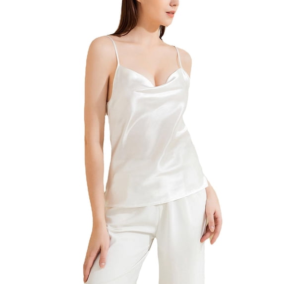 Defitshape Women's V Neck Cami Tops Sexy Satin Backless Summer Fitted Split Camisole Light Comfy Silky White XX-Large