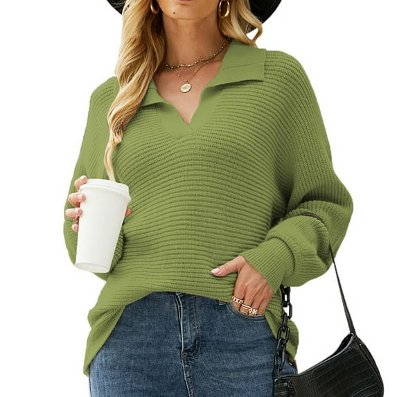 Defitshape Women's V Neck Pullover Solid Color Soft Thick Winter Fall Warm Bishop Sleeve Collared Slouchy Waffle Knit Sweater Casual Fashion Baggy Long Sleeve Knitwear Green Small