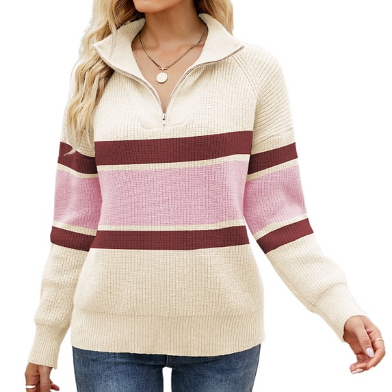Homgro Women's V Neck Pullover Sweater Ladies Casual Mock Neck Quarter Zip Up Knit Sweater Winter Warm Zipper Knitted Long Sleeve Loose Fit Pullovers Knitwear Apricot Beige Pink Striped Large