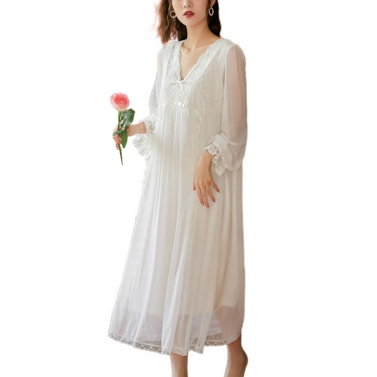 Homgro Women's Victorian Nightgown Ladies Soft Overlay Floral Lace V Neck  Long Sleep Shirt Old Fashioned Vintage Illusion Bishop Long Sleeve Pajama