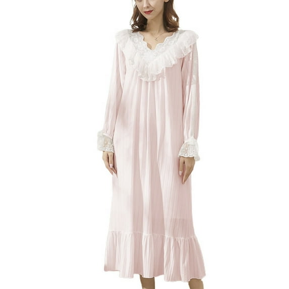 Defitshape Women's Victorian Nightgown Lounge Sleep Dress Long Sleeve Vintage V Neck Ruffle Lace Pink X-Large
