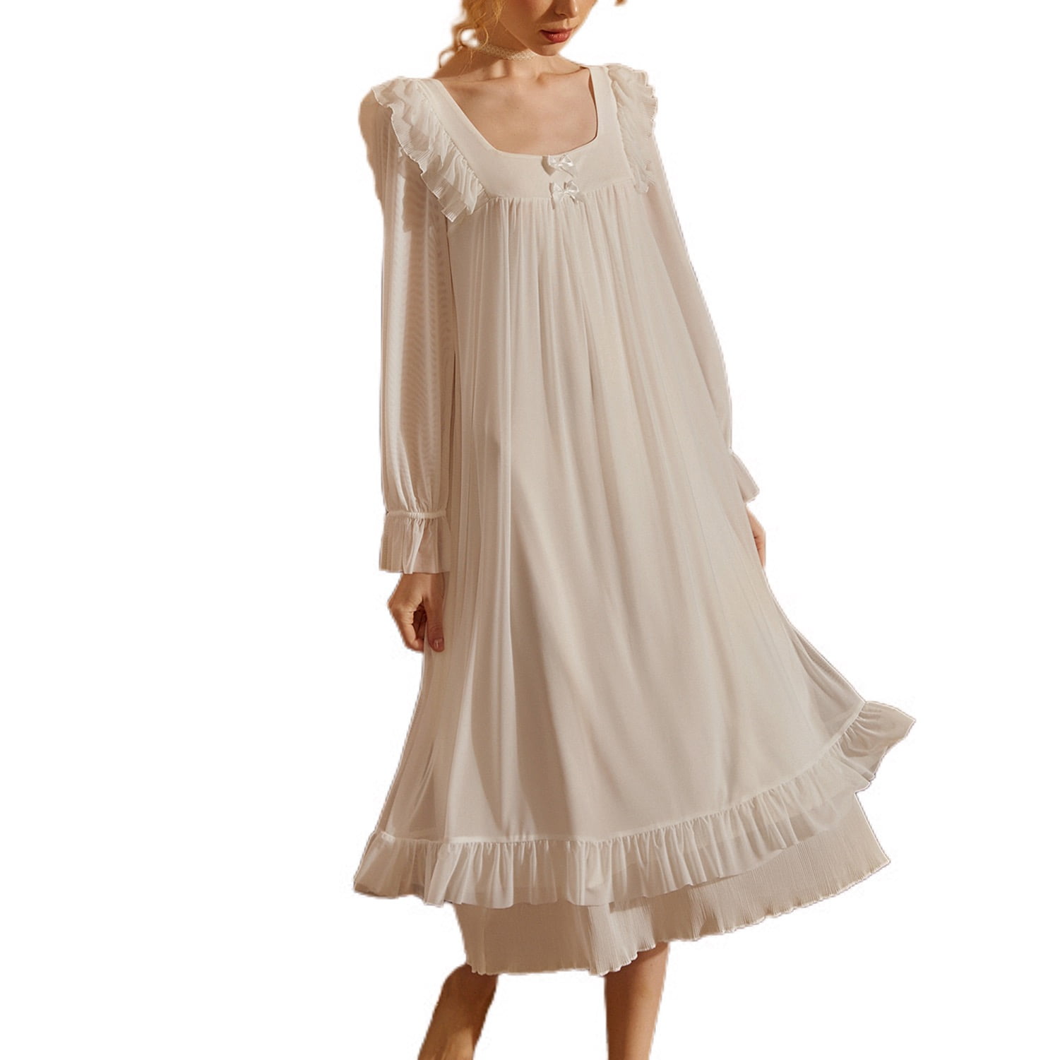 Defitshape Women's Victorian Nightgowns Vintage Ruffle Sleep Dress Maxi  Sleep Dress Flowy Princess Layered Long Sleeve Scoop Neck White Medium