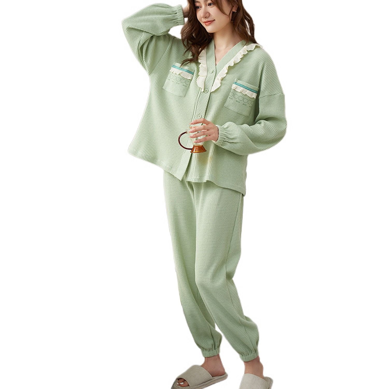 Defitshape Women's Waffle Knit Pajama Set Piece Button Up Long