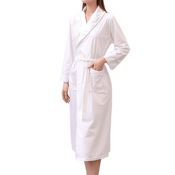 Defitshape Women's Waffle Robe SPA Long Bathrobe Soft Shawl Collar Knee Length Pockets Long Sleeve Hot Tub Hotel Bath Robe White X-Large