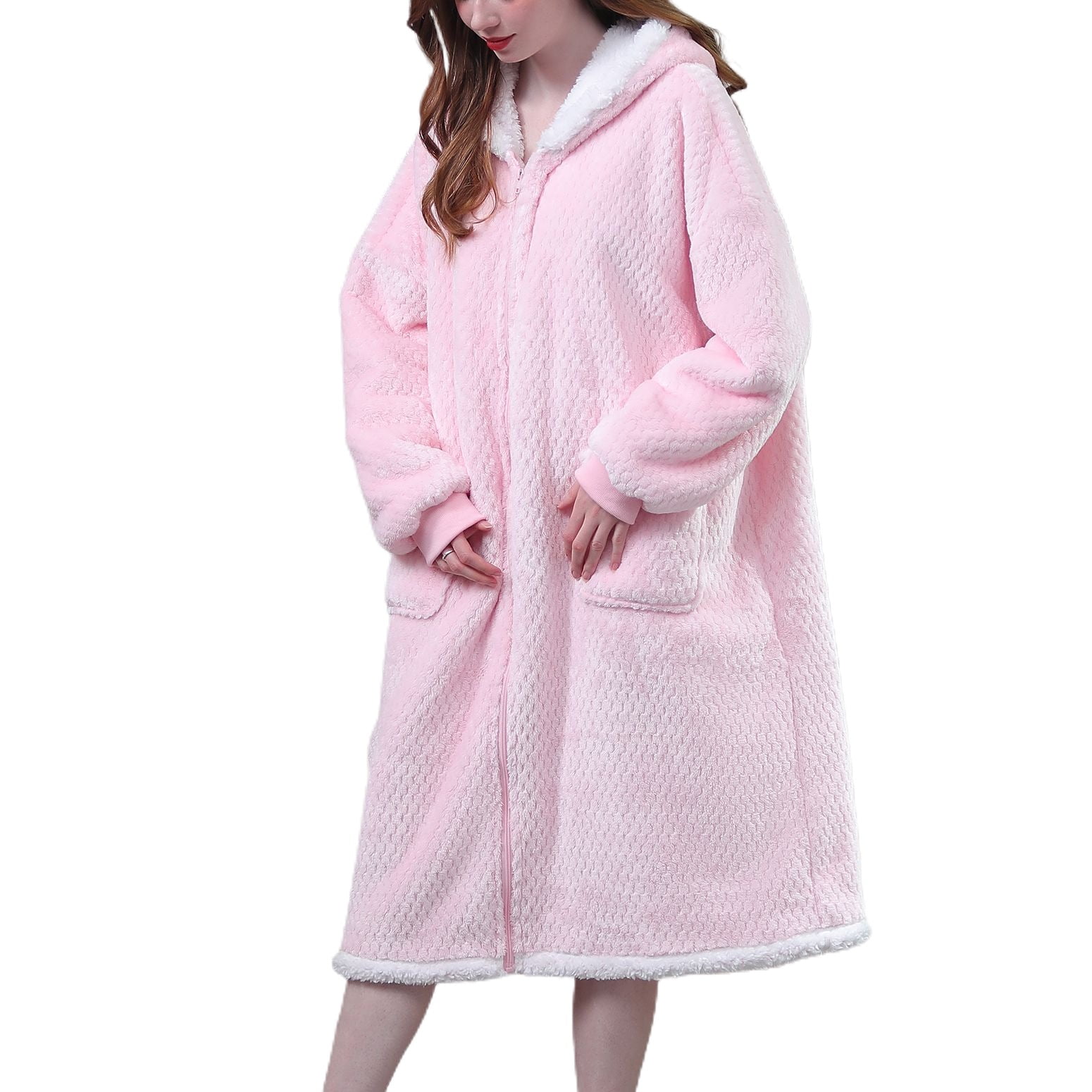 Defitshape Women's Warm Fuzzy Robe Long Sleeve Bathrobe Full Zip Hoodie ...
