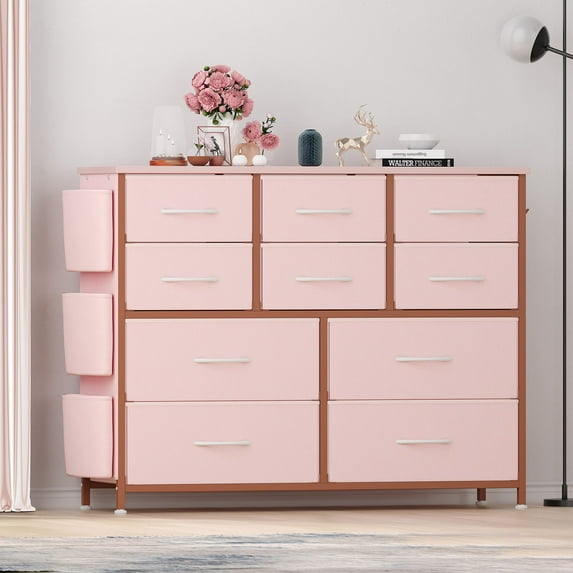 Homhougo—10 Drawer Dresser Chest of Drawers for Bedroom Living Room, Fabric Storage Organizer With Wood Top, Side Pockets & Hooks for Entryway, Hallway, Closet, Nursery, for Women Girls, Pink