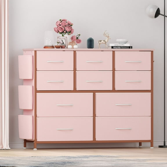 Homhougo—10 Drawer Dresser Chest of Drawers for Bedroom Living Room, Fabric Storage Organizer With Wood Top, Side Pockets & Hooks for Entryway, Hallway, Closet, Nursery, for Women Girls, Pink