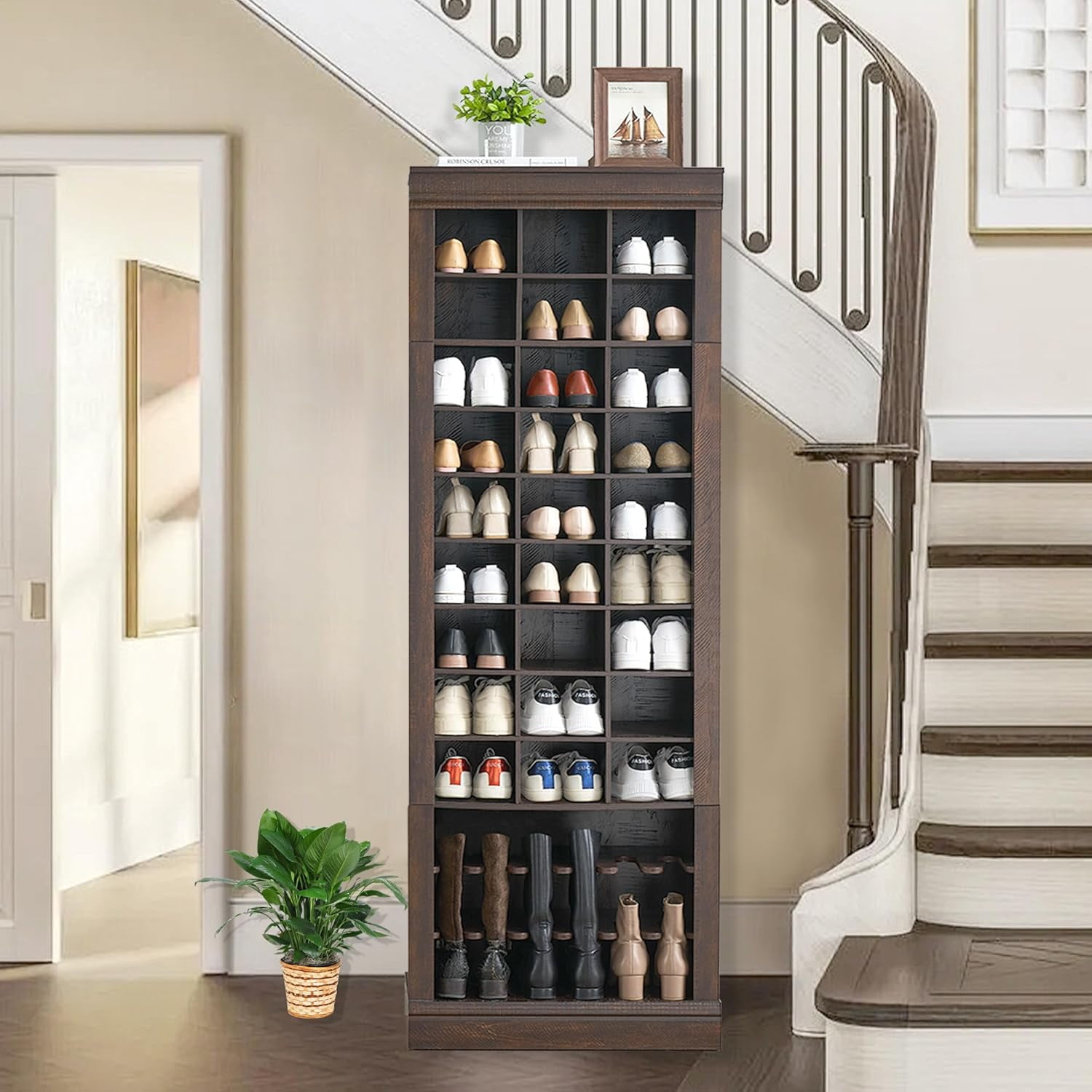 Tall Brown MDF Freestanding 10-Tier Shoe Cabinet with 27 Cubbies