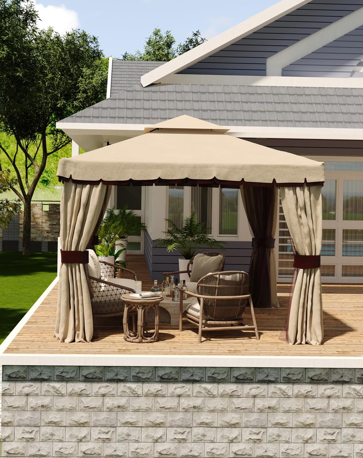 Khaki 10x10FT Outdoor Gazebo with Double Roof and Curtains