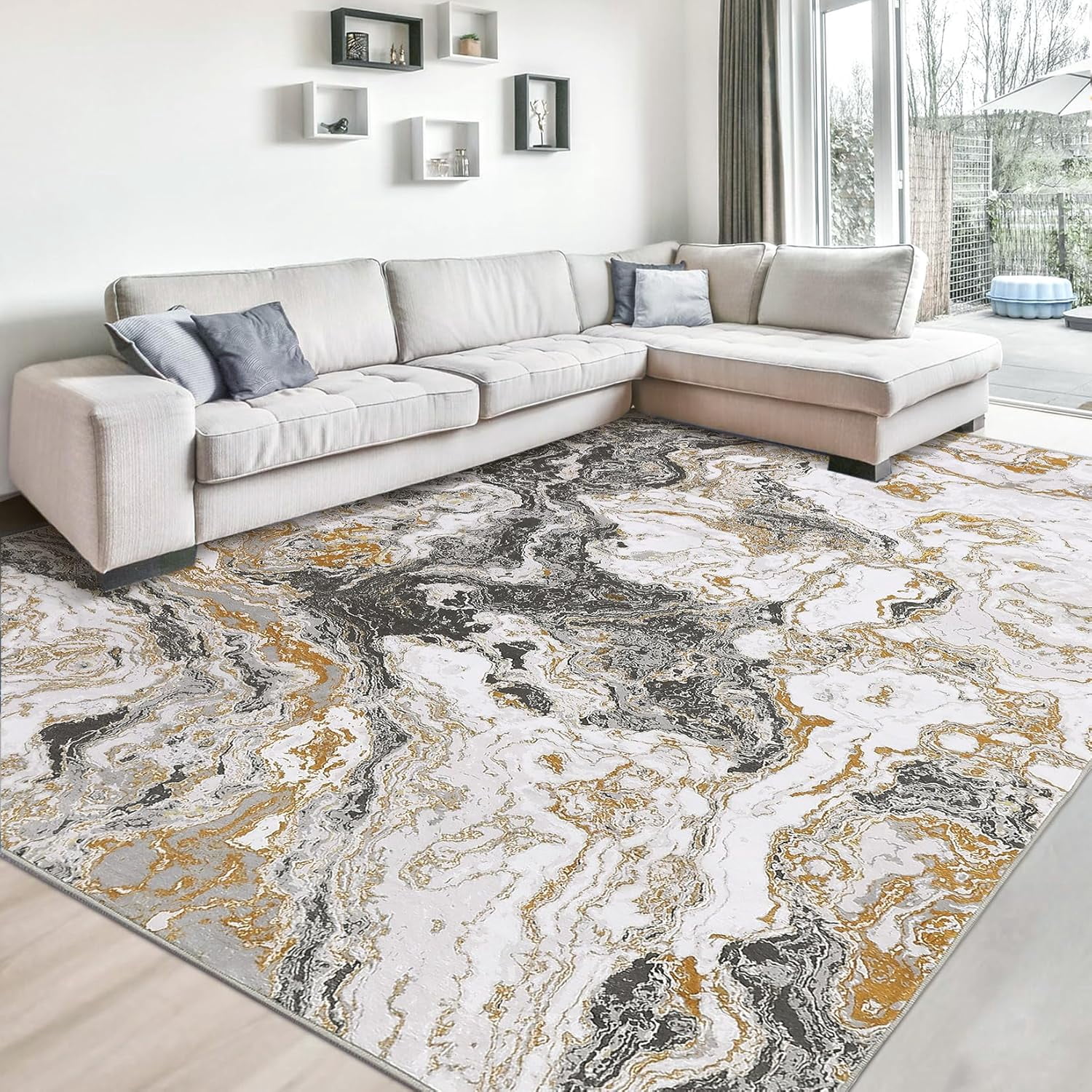 Homhougo 10x13 Washable Abstract Marble Area Rug, Soft Modern Non-Slip Luxury Carpet for Living Room, Bedroom, High Traffic Kitchen Entryway, Grey